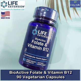 โฟเลต และ วิตามินบี 12 BioActive Folate &amp; Vitamin B12 90 Vegetarian Capsules - Life Extension