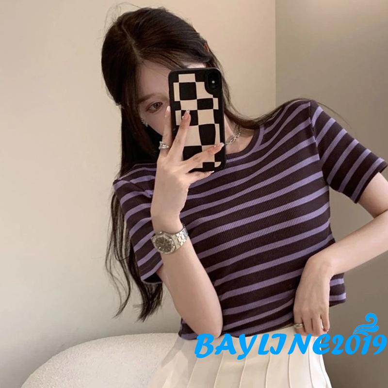 Bay-Women Summer Casual Crop Tops, Stripe Printed Short Sleeve Round Neck Knitted Tops #4