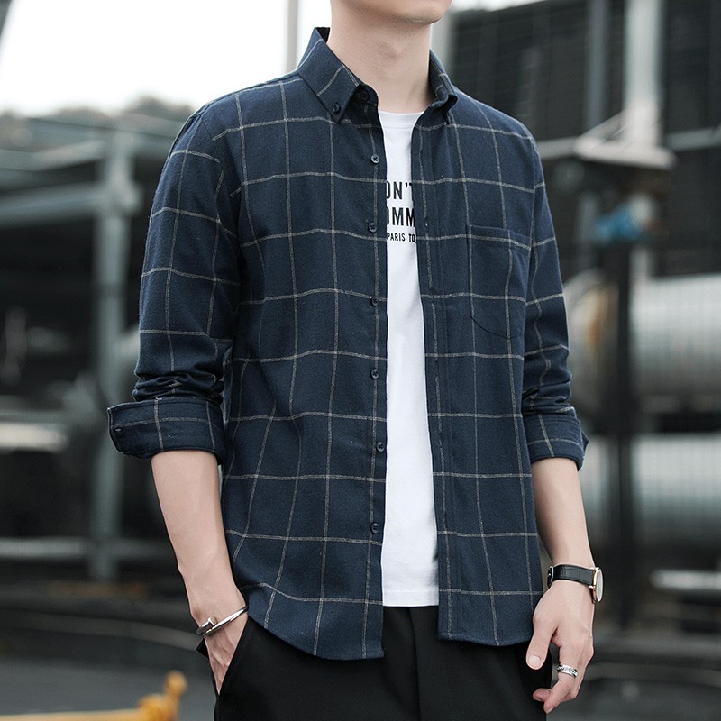 เสื้อเชิ้ตแขนยาวลําลอง ผ้าฝ้าย ลายตาราง แฟชั่นสําหรับผู้ชาย