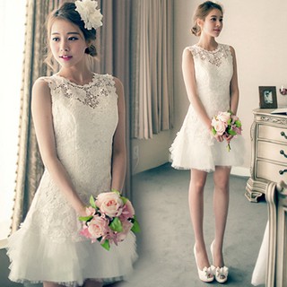 ชุดราตรีสั้น แขนกุด ลูกไม้ สีขาว ซิปหลัง พร้อมส่ง L