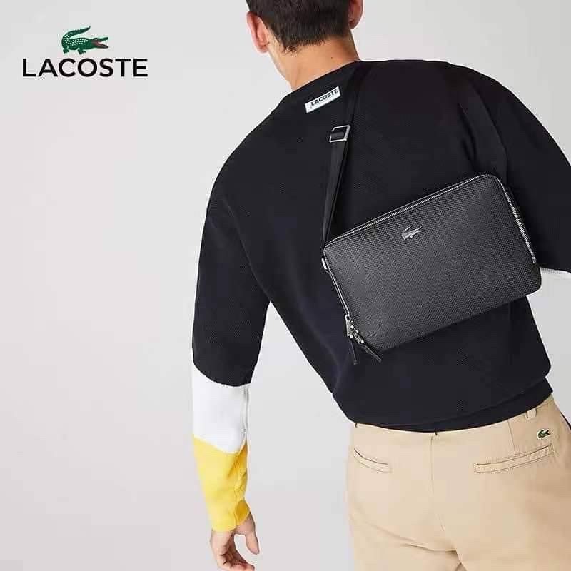 แท้💯กระเป๋า🐊Lacoste Men's Chantaco Matte Stitched Leather Zippered Crossbody Bag