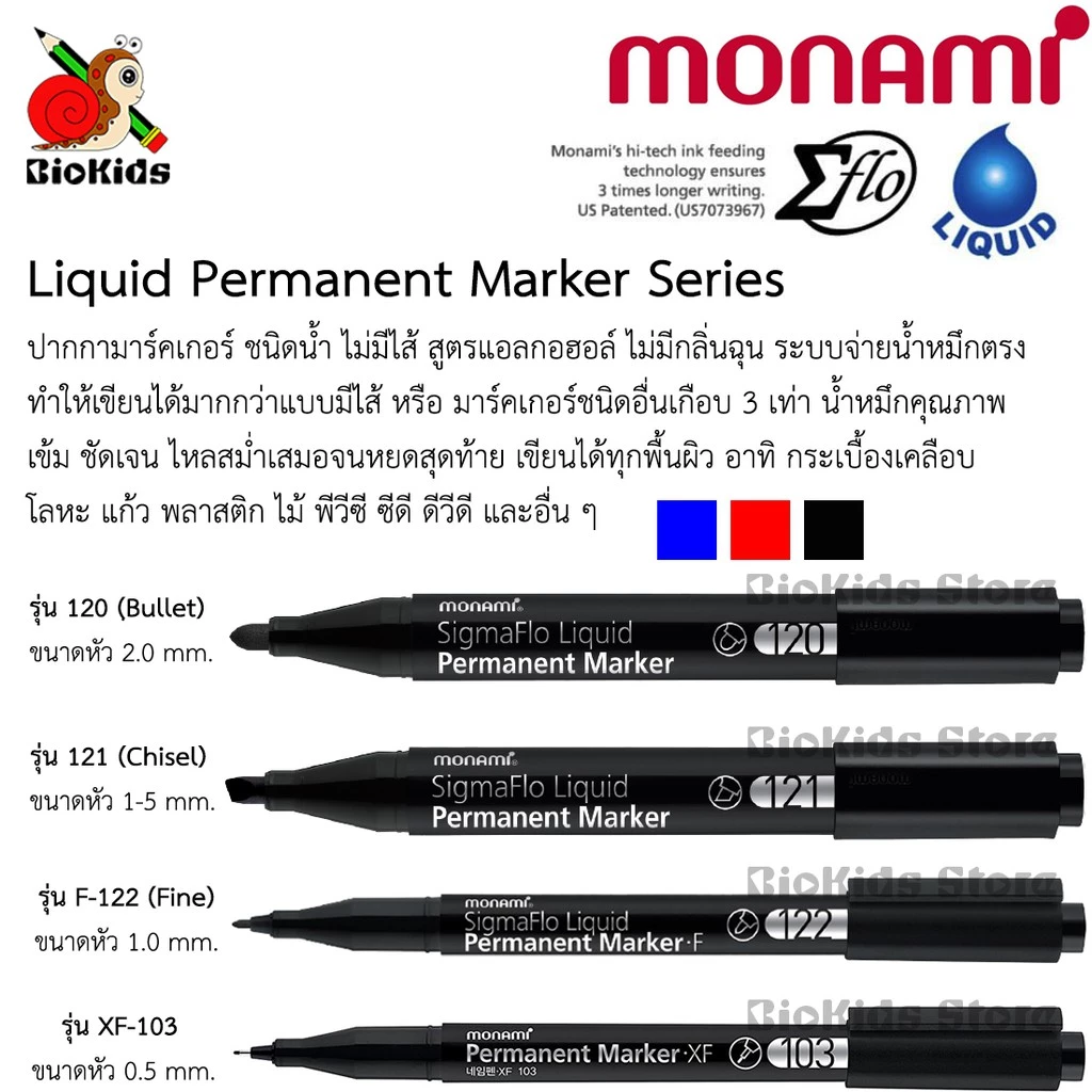 Monami liquid permanent marker 0.5/1.0/2.0 mm. I ปากกามาร์คเกอร์ถาวรสีแดง ดำ น้ำเงิน