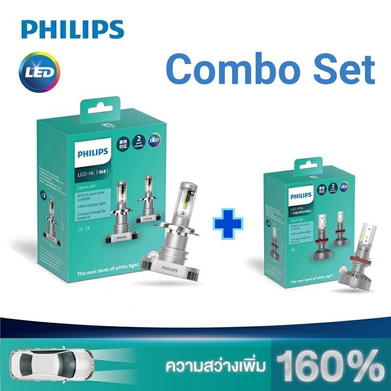COMBO SET PHILIPS Ultinon LED +160% ชุดเซ็ตหลอดไฟหน้า + หลอดไฟตัดหมอก [2 กล่อง]
