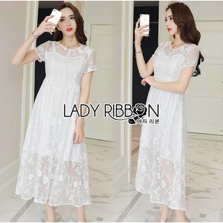 ⚡️โล๊ะล้างสต๊อก⚡️เดรสผ้าลูกไม้สีขาวปักลายดอกไม้สไตล์เบสิกสุดหวาน ป้าย Lady Ribbon