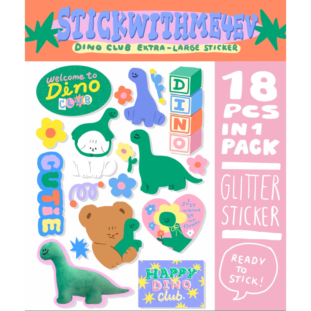 Extra Large Dino club Glitter Sticker pack สติกเกอร์แพคเนื้อกลิตเตอร์ลายน้องไดโน | Stickwithme4ev