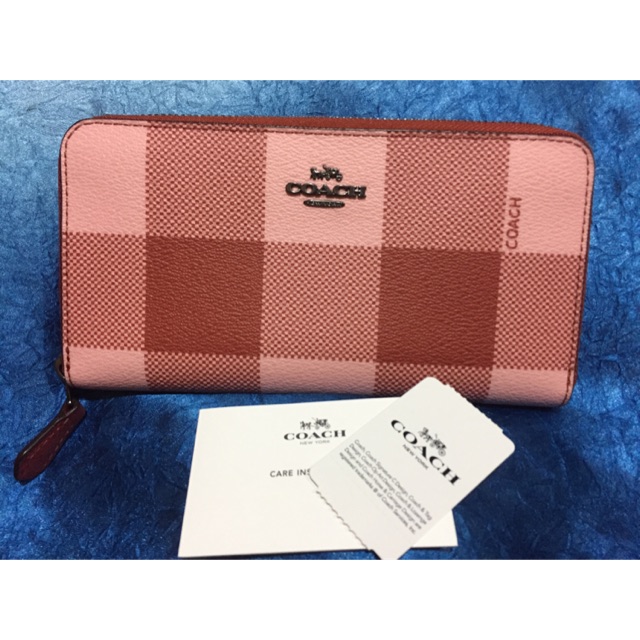 กระเป๋าเงิน coach ซิปรอบ ใบยาว ของแท้ สีแดง ลายสก็อต