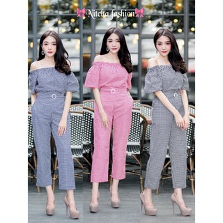 NC028 ชุดเซ็ตเสื้อเปิดไหล่ลายสก๊อต