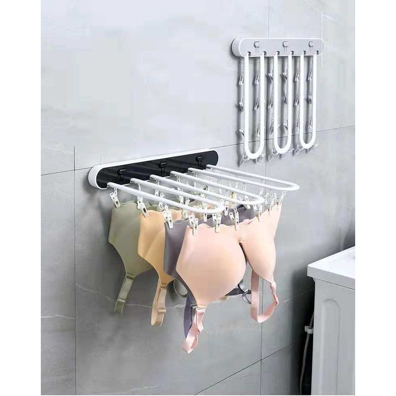 ราวแขวนเสื้อผ้า เสื้อชั้นใน แขวนถุงเท้าแบบพับได้ติดผนัง ไม้หนีบ ประหยัดเนื้อที่ ติดที่ระเบียงคอนโด ร