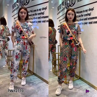 ❤️ TW12770 Set 2 ชิ้น เสื้อยืดดคอกลมแขนสั้น สกรีนลายการ์ตูนกับดอกไม้ + กางเกงขายาว จั้มยางยืดปลายขากางเกงทั้ง 2 ข้าง