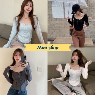 Mini shop🌸พร้อมส่ง🌸 (56309) เสื้อคอกลมแขนยาวไหมพรม เรียบๆดีเทลกระดุมแป็ป -C