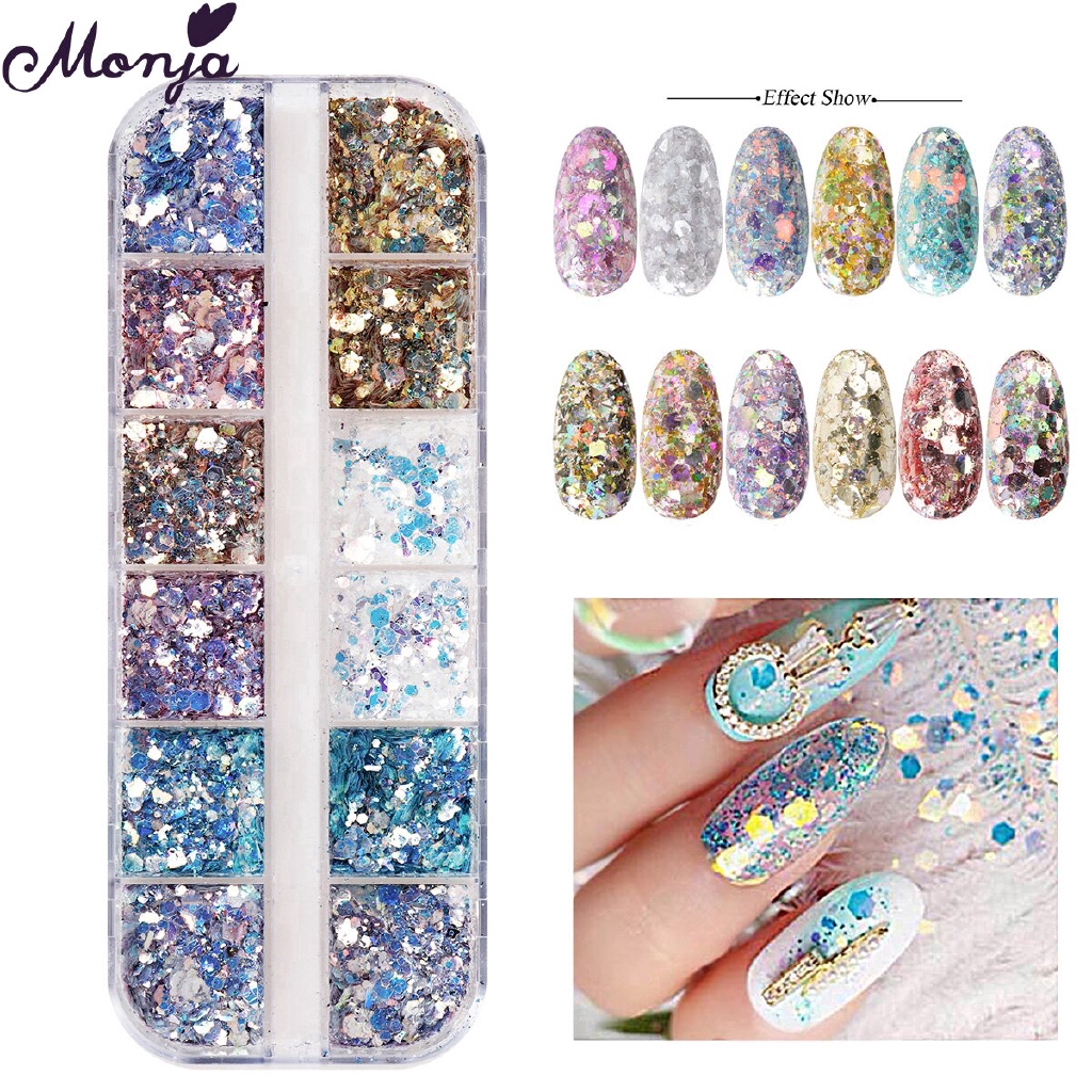 Monja เลื่อมโฮโลแกรม 3D หลายขนาด 12 ช่อง ต่อกล่อง สําหรับตกแต่งเล็บเจล UV DIY