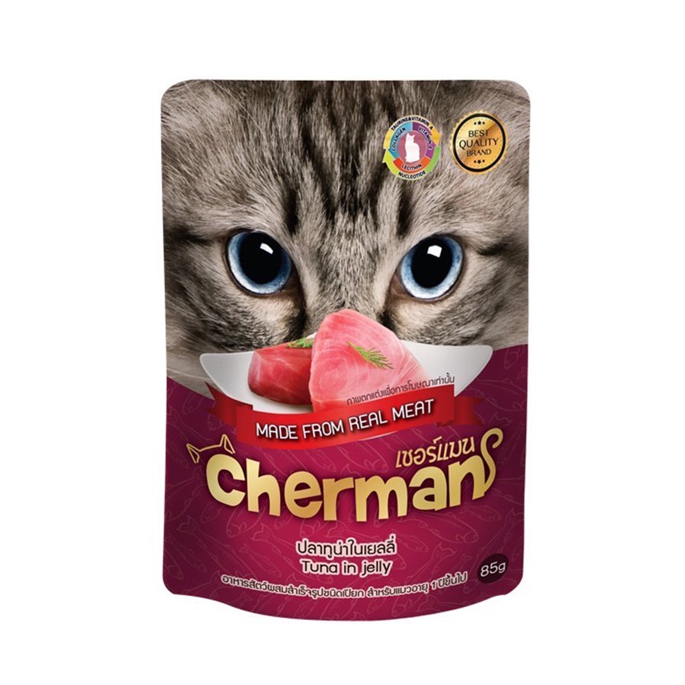 Cherman เชอร์แมน รสปลาทูน่าในเยลลี่ อาหารเปียกสำหรับแมวอายุ 1 ปีขึ้นไป แบบเพ้าช์ 85 G