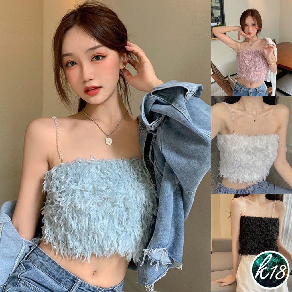 K18 Korean เสื้อสายเดี่ยว สายลูกปัด ขนนกปุยๆ