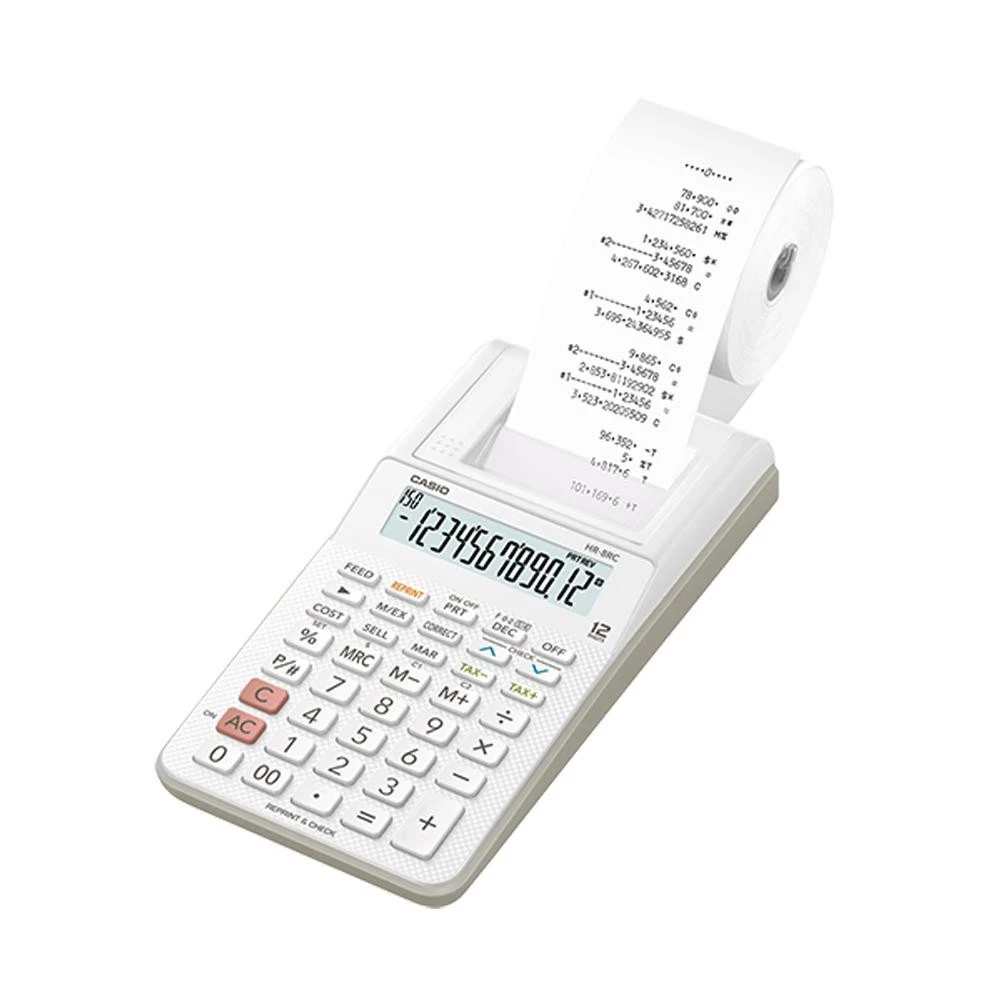 Casio Calculator เครื่องคิดเลข คาสิโอ รุ่น HR-8RCWE+AD-A60024EG แบบพิมพ์กระดาษ ขนาดเล็ก 12 หลัก สีขาว
