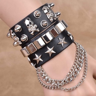 สร้อยข้อมือ กำไล ข้อมือ หนัง Punk Gothic Rock Skull Spikes Rivet Cone Stud Wide Leather Cuff Bracelet