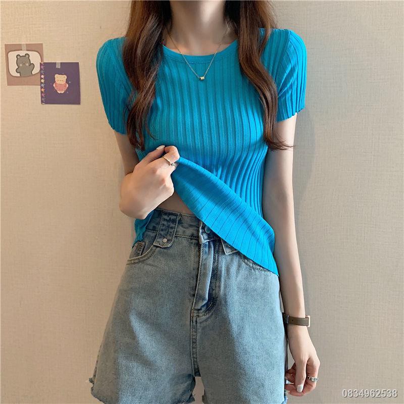 2021 ฤดูร้อนใหม่ผ้าไหมน้ำแข็งสีขาวแขนสั้นเสื้อยืดผู้หญิง Slim Slimming ...