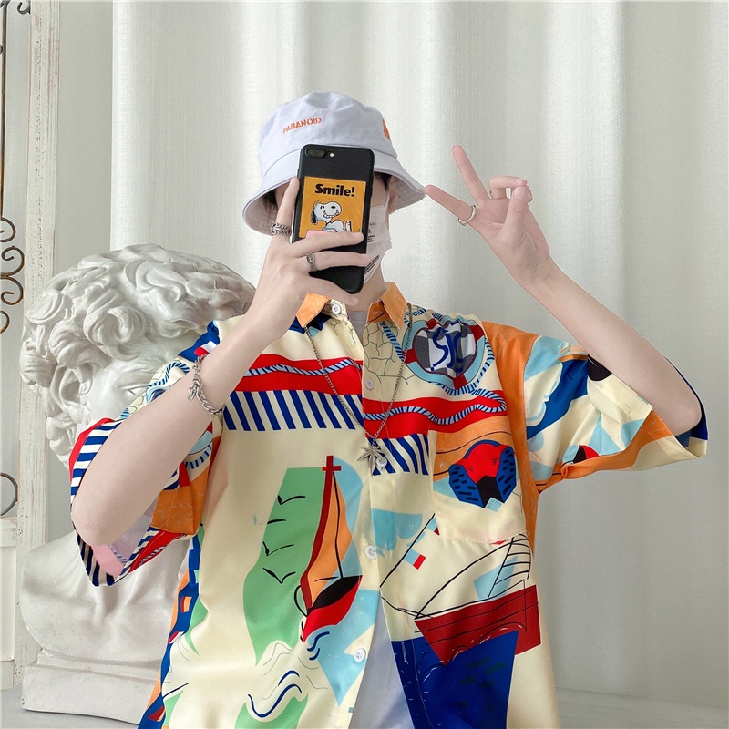 M-3XLNew Summer Fashion เสื้อเชิ้ตแขนสั้นผู้ชายหลวมพิมพ์เสื้อชายหาดขนาดใหญ่สไตล์วิทยาลัยลําลอง