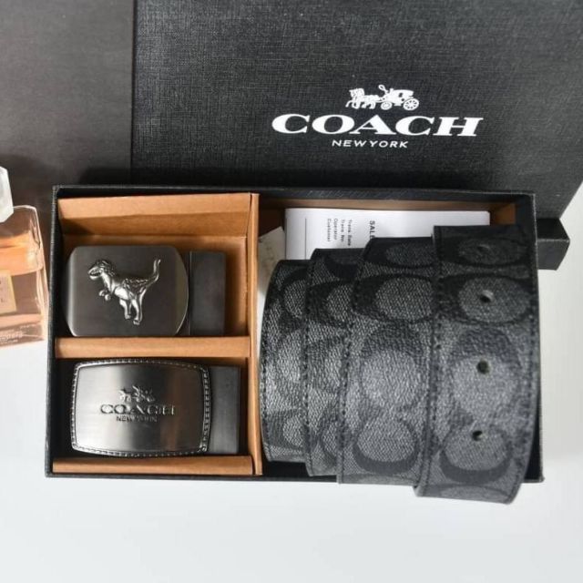 เข็มขัด Coach แท้💯 มี 2 หัว ใช้สลับได้ สีเทา ดำ ผู้ชาย ของขวัญ สุดคุ้ม set