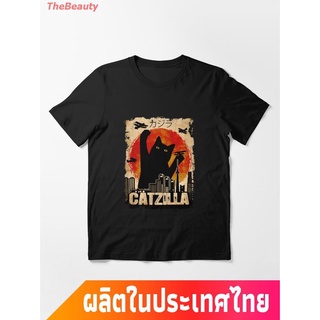 เสื้อยืดผ้าฝ้ายพิมพ์ลายขายดีเสื้อผ้ามีสไตล์ใหม่ แมว น่าสนใจ น่ารัก  Vintage Catzilla Funny Black Cat T-Shirt Essential T