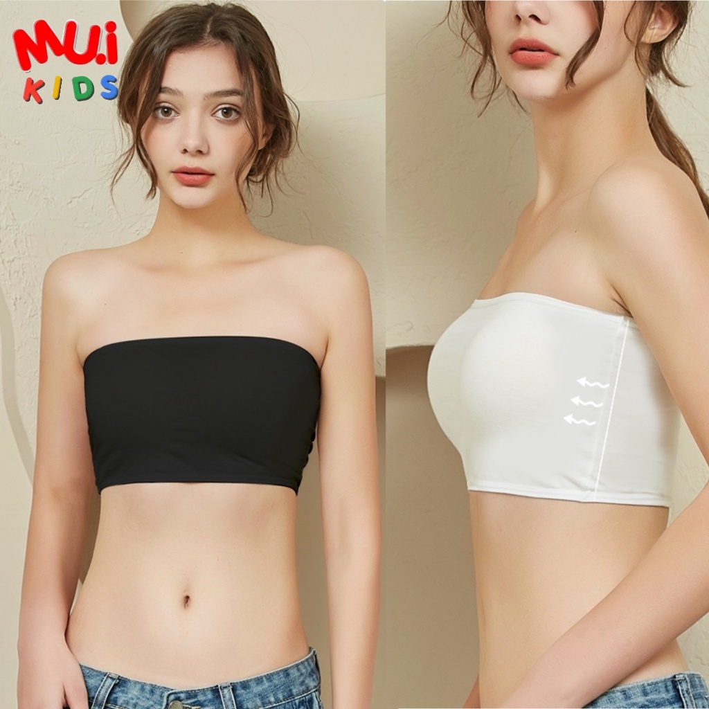 เกาะอก กันโป๊ รุ่นใหม่ ขอบยางบนล่าง ผ้าคอตตอล ขาว-ดำ By Muikid