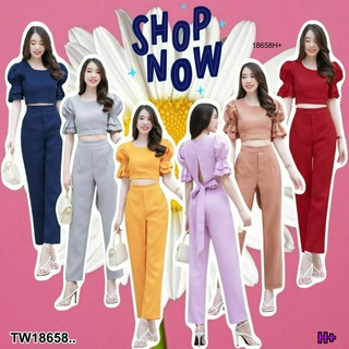 TwinsShopVip💗พร้อมส่ง TW18658 set 2 ชิ้น เสื้อแขนตุ๊กตา ทรงครอป + กางเกงขายาว ..