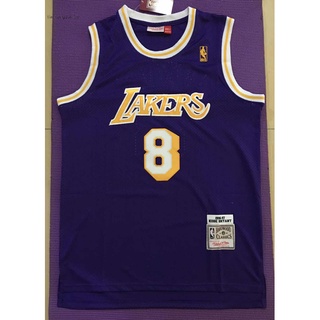 1996-97 ใหม่ NBA Los Angeles Lakers รองเท้าผู้ชาย #เสื้อกีฬาบาสเก็ตบอล ผ้าตาข่าย ปักลาย Kobe Bryant LAKERS สีม่วง สไตล์เรโทร 8 ชิ้น