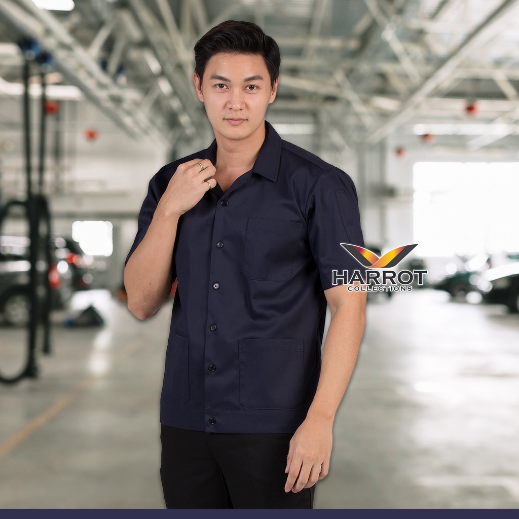 เสื้อช็อปช่าง แขนสั้น คอฮาวาย สีกรมท่า
