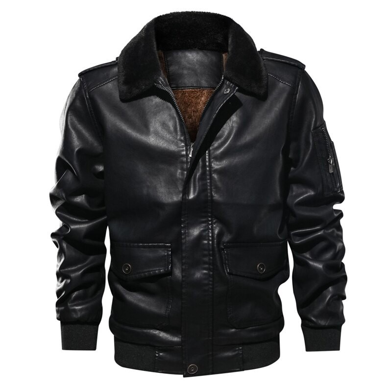 Men Motorcycle PU Leather Jacket Winter Warm Luxury Fleece Retro Coat Fur Collar Biker Bomber Pilot Faux Leather Jacket #2