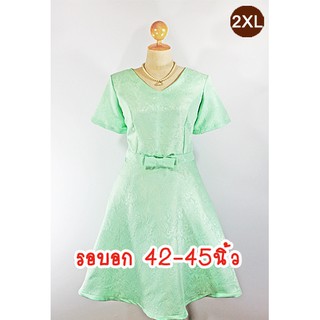 E2266-1-2XL-ชุดเดรสคนอ้วน สีเขียวมิ้นท์ ผ้าแจ็คการ์ดลายในตัว คอวี มีแขน กระโปรงย้วย