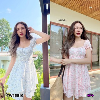 PP15510 เดรสคอกว้างกระโปรง 2 ชั้น ผูกเอวลายดอกไม้