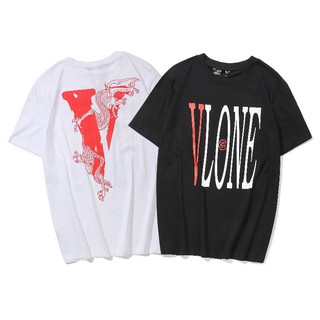 เสื้อยืดแขนสั้นผ้าฝ้ายพิมพ์ลาย Vlone แฟชั่น Unisex หลวมและสบาย