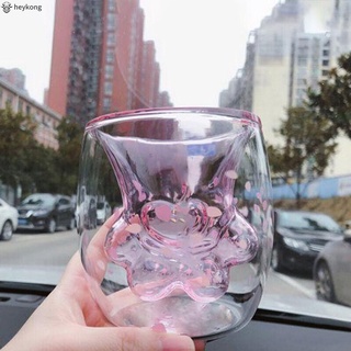 /HK/ Cats Claw Cup Glass Double Cup Pink Glass Cup Double Milk Cup Coffee Cup Cute Glass Cup