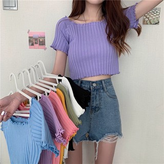 littlesoulmate เสื้อครอปปาดไหล่ สีพาสเทล (mini barbie)