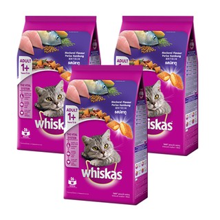 วิสกัส อาหารแมว รสปลาทู สำหรับแมว อายุ 1+ ปี ขึ้นไป 1.2กก (3 ถุง) Whiskas Mackerel Flavor Adult Cat Food 1.2kg (3 Bags)