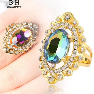 💘broadhappy💍ผู้หญิงสีรุ้งวงรีใหญ่แก้ว Rhinestone แหวนกลวง แหวนเกลี้ยง