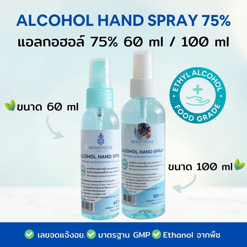 พร้อมส่ง สเปรย์แอลกอฮอล์ 75% Nawathicha Alcohol 75% 60 ml, 100 ml ขวดพกพา