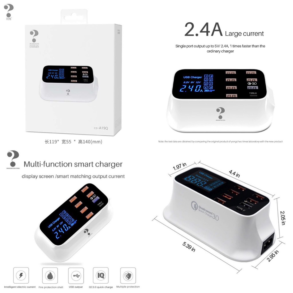 Quick Charge 3.0 สมาร์ท USB+Type-C 8Port จอแสดงผลLed Fast Charging Station โทรศัพท์มือถือ USB charge