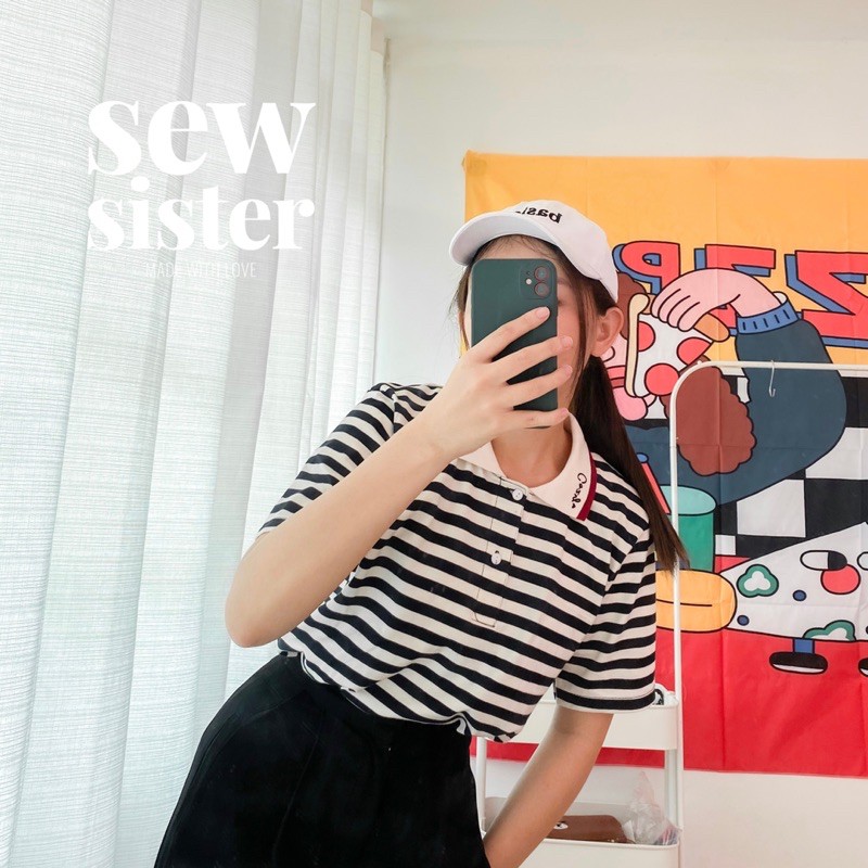 Sew.sister Polo shirt ลายริ้วขาวดำ ลายทางขาวดำ น่ารักๆสไตล์เกาหลี