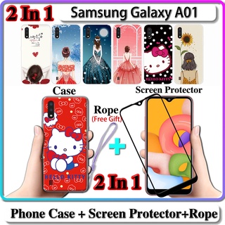 2 IN 1 เคส Samsung Galaxy A01 เคส พร้อมกระจกนิรภัยกันรอยหน้าจอโค้ง เซรามิค สําหรับเด็กผู้หญิง และคิตตี้