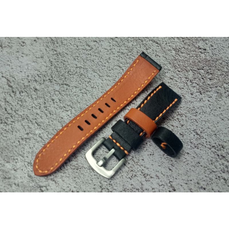 สายนาฬิกาหนังแท้สีดำ (ซับหนังสีส้ม) ด้ายส้ม Watch Straps ขนาด 18,20,22,24,26 mm. แถม!! สปริงบาร์ 1 คู่ (ผลิตในไทย)