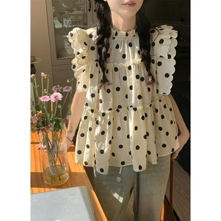 67416 เสื้อเชิ้ตแขนระบาย ลายจุด สไตล์ฝรั่งเศส