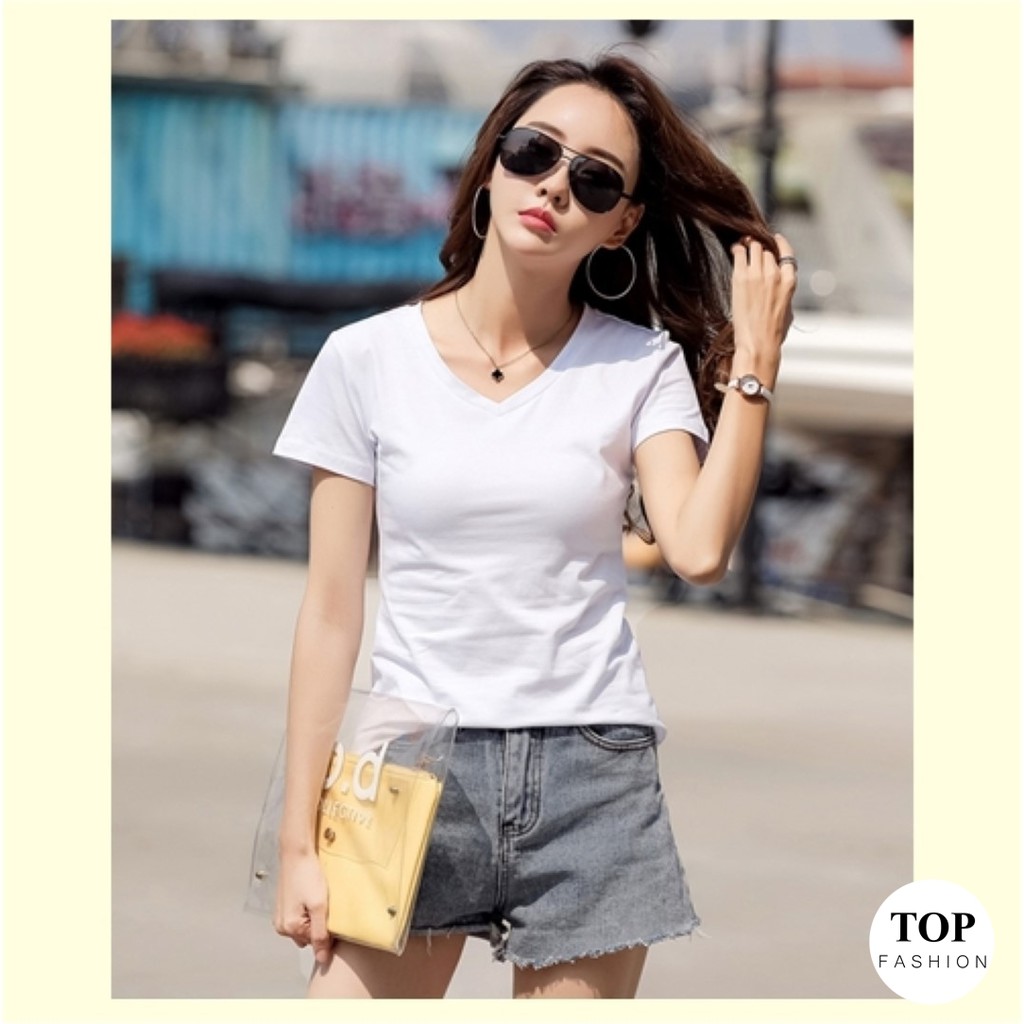 🔥พร้อมส่งไทย ราคาถูก🔥เสื้อยืดสีพื้น คอวี แขนสั้น ผ้าคอตตอน บางเบา ใส่สบาย มี 2 สี แฟชั่น - รูปที่ 4