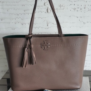 TORY BURCH McGraw Leather Tote- Silver Maple   Size : H: 11.35" x L: 14.94" x D:5.98"