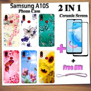 2 IN 1 เคสโทรศัพท์ Samsung A10S พร้อมกระจกนิรภัยกันรอยหน้าจอเซรามิค ฟิล์มโค้ง ผีเสื้อ