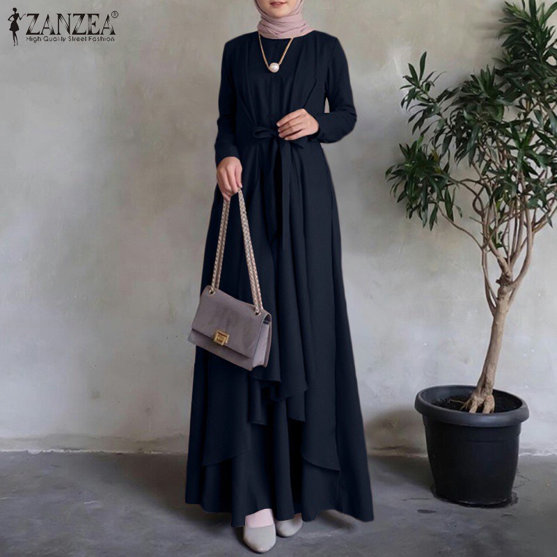 Zanzea ชุดแม็กซี่เดรส คอกลม แขนยาว สีพื้น สไตล์มุสลิม สําหรับผู้หญิง