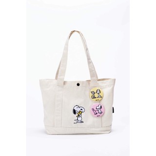 PEANUTS 70th Anniversary SNOOPY x WOODSTOCK Tote Bag กระเป๋าผ้าแคนวาสปัก x เข็มกลัดปัก 2 ชิ้น