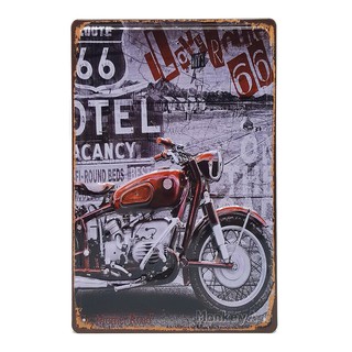 ป้ายสังกะสีวินเทจ Route 66 with Red Motorcycle (ปั๊มนูน)