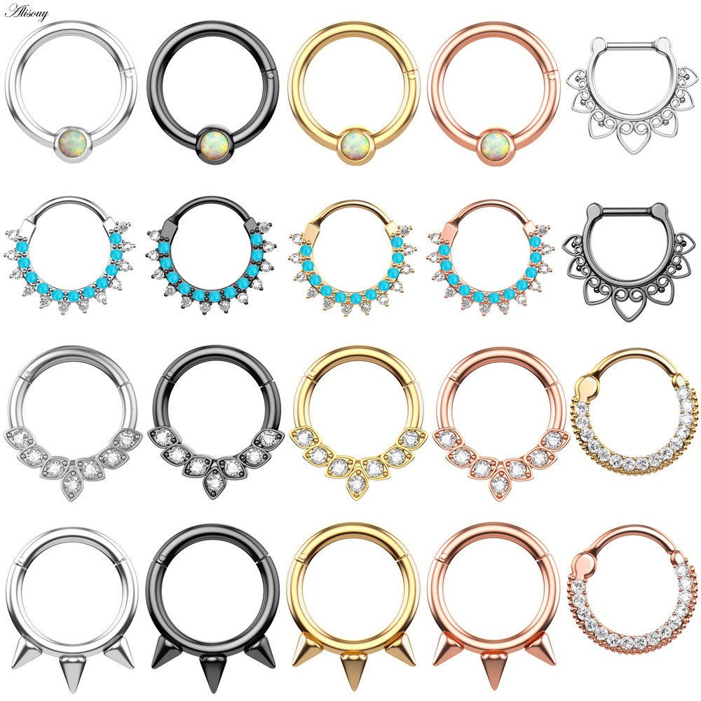 Alisouy แหวนจมูกและหู แบบคลิกเกอร์ สแตนเลส 16 กรัม CZ สำหรับ Septum, Daith, Helix และ Cartilage