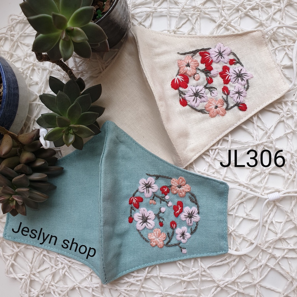 BST-F หน้ากากผ้าลินินดอกพีชปักมือ JL313 JL320 JL252 JL306 JL307
