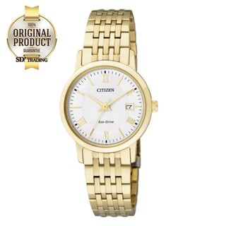 CITIZEN Eco-Drive Sapphire Glass Ladies Watch Stainless Strap รุ่น EW1582-54A - Gold / White